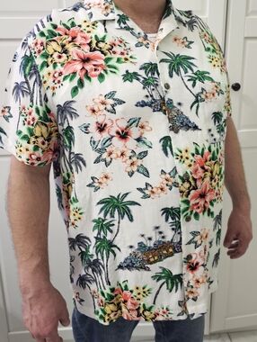 GEORGE Mens Short Sleeved Button Down Shirt Tropical 100% RAYON SZ XL (46-48)